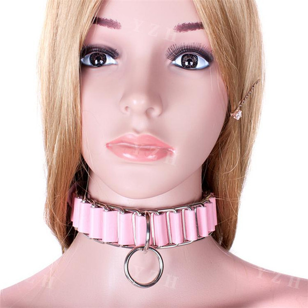 Womens Bondage Woven Pink Leather Over Metal Neck Collar with Ring Fetish Slave Link Trainer Toy