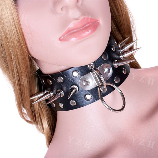 Unisex Bondage Punk Lockable Metal Spiked Leather Slave Collar with Chain Lead Dog Harness Style for Men and Women