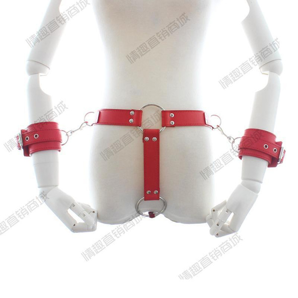 2016 new MENS / WOMENS LEATHER CHASTITY BELT WITH HAND CUFFS RESTRAINTS SIZE ADJUSTABLE SEX TOYS GAMES