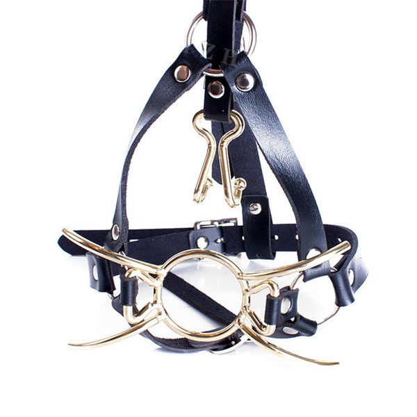 Sex Bondage Lockable Leather Strap Spider Gag Head Harness with Nose Hook Slave Fetish Kinky Toy Gold