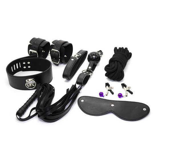 Adult Game Toys PU Leather Sex Bondage 7Pcs Set Whip Rope Blindfolder Wrist Cuffs Neck Collar Ball Gag,Nipple Clamp