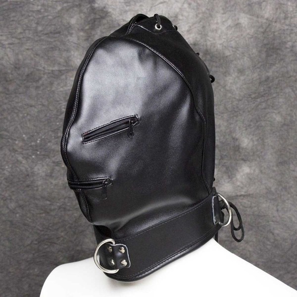 Kinky Sex Fetish Soft PU Leather Full Face Bondage Executioner Hood Mask Eyes and Mouth Zipper