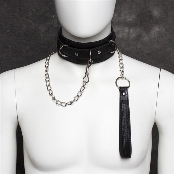 Adult Sex Bondage Punk Metal O Ring and Studs Faux Leather Collar with Leash Chain Fetish