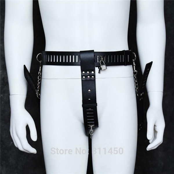 Kinky Male Sex Bondage Anal Plug Harness Chastity Belt with Arm Restraints and Pad Locks Submission Trainer Toys