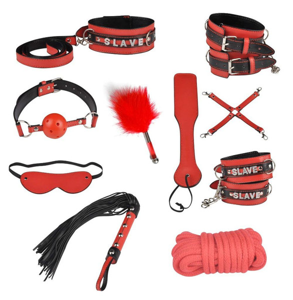 Sexy Red Fetish Restraint System Leather Strap Whip Rope 1 Set of 10 kit mouth gag Eye mask neck collar sex toy game