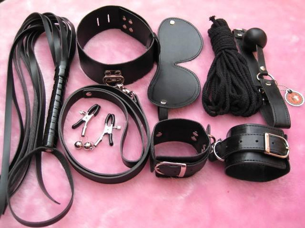 2016 PU Leather Fetish Slave Bondage Set 7Pcs Bondage Kit Set Roleplay Whip Rope Blindfolder