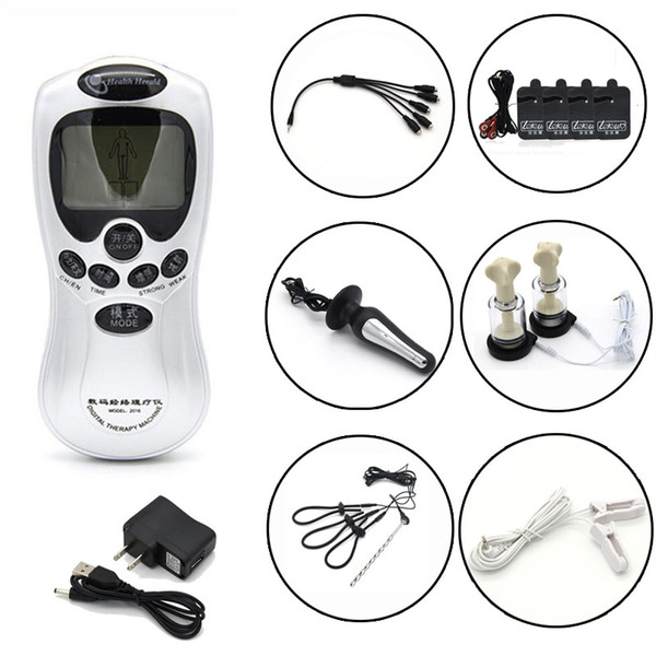 Electro Shock Stimulation Penis Plug Cock Rings Nipple Sucker Body Massage Paste Electric Anal Plug Clamps 5 In 1 Cable Together