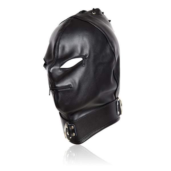 Fetish Sex Toys Leather Sexy Mask Bondage Hood With Open Eyes & Mouth ZIPPER Cosplay Slave Mask Adult Game Erotic Toys