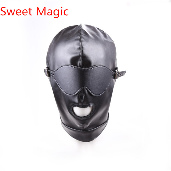 Sweet Magic Open Mouth Adjustable Haerless Hood Mask Leather Blackout SM Restrainst Headgear Sex Toys Adult Game