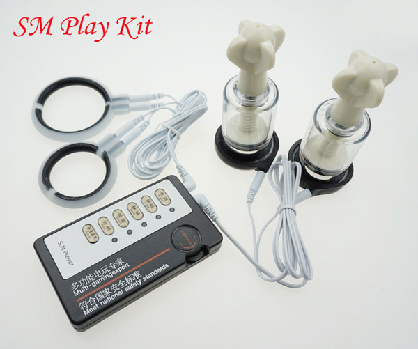 SM Play Male Electric Penis Rings With Nipple Clamps Vacuum Sucker Body Massage ,Electro Shock Cock Ring Medical Sex Toys Kit