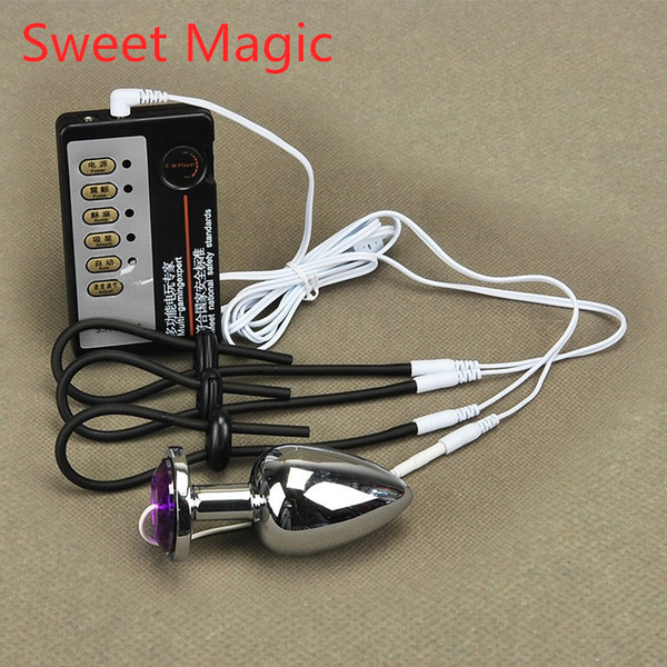 Sweet Magic Electric Shock Stimulator Stainless Steel Anal Plug Masturbation Penis Ring Butt Plug Electro Shock Therapy Cock Extender Rings