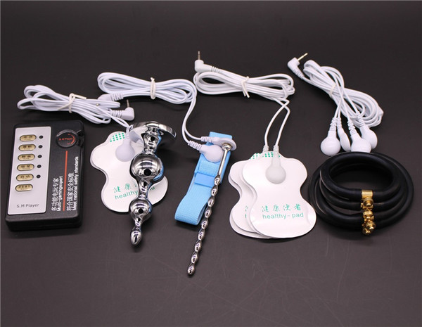 4 kinds Electro Shock Sex Toys:Butt Plug,Electrical Urethral Sound,Rubber Cock Ring,Electrode Gel Pad,Medical Themed Toy