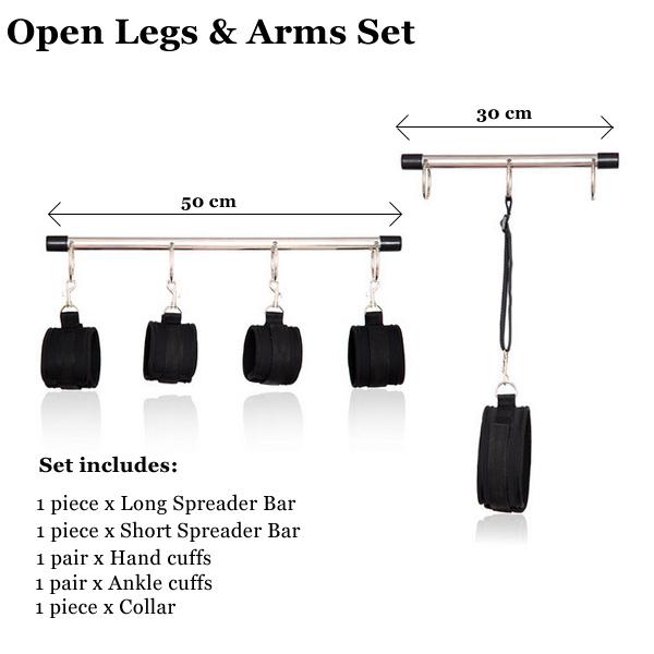 Open Legs & Arms Double Spreader Bar Hand Cuffs Set, Fetish Bondage Restraints, Sex Handcuffs with Collar, Sex Toys for Couples