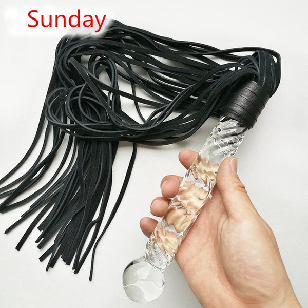 Free shipping!Genuine leather Whip, 22cm glass dildo anal plug, flogger Spanking Bondage Slave Fetish Sex Toys couples Adult Game