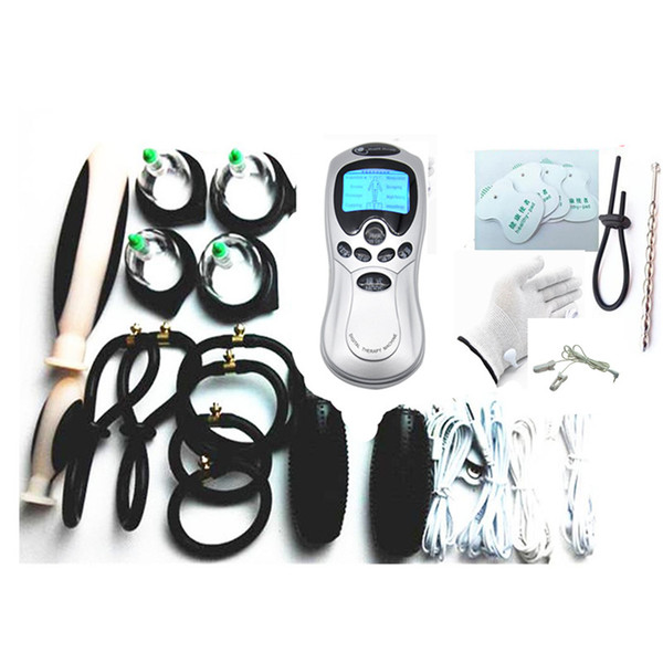 9-in-1 Electric Shock Therapy Kit BDSM Bondage Gear Urethral Plug Nipple Clips Anal Vaginal Dildo Gloves Cock Penis Ring Cupping Sex Toys