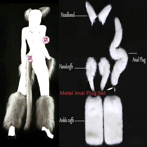 Sweet Magic White Fox Tail Cosplay Sex Products Adult Game Long Fox Tail Butt Plug+Wrist Hand Cuffs +Leg Ankle Cuffs +Headband Sex Wear