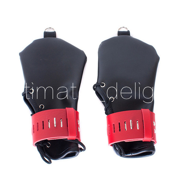 Black & Red Adjustable Lacing Lockable Fingerless Glove BDSM Fist Bondage Hands Restraint Gear Sex Positioning Kit Free shipping