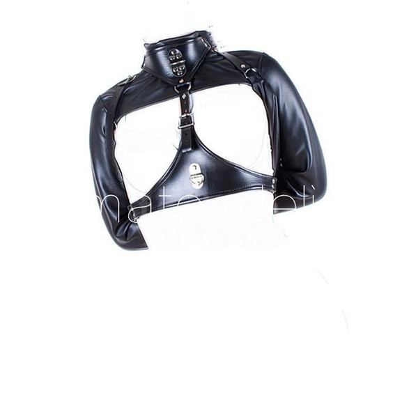 Adult Game,Black Leather Hands Positioning Suit Breast Separater Submissive Female Slave Training Restraint Body Bondage