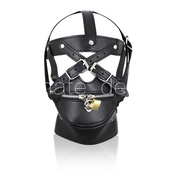 Adult Game,For Male/Female,Leather Zipper Mouth Mask Gagged Head Bondage Hood Restraints Sex Products Game Bondage Neck Collar Mask Sex Toy