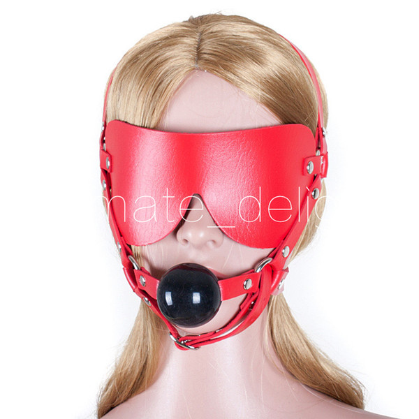 Red and black Leather Head Harness 42mm Gag Blindfold Adjustable Lockable Belt Mouth Open Gag BDSM Slave Training Kit Adult Game