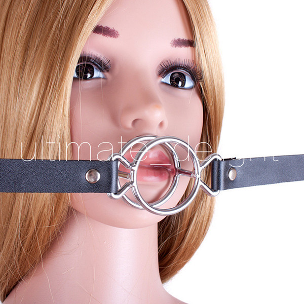 Golden and Silver Metal Double Loop Mouth Open Gag Blow Job Strap Adjustable Lockable Belt Slave Training BDSM Adult Game Gear