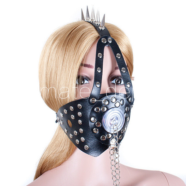 Adult Game Black Leather Rivet Thorns Pin Head Harness Blow Job Mask Adjustable Belt BDSM Slave Training Kit Bondage Sex Toy