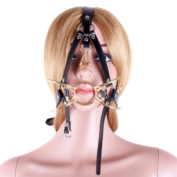 Black Full Head Harness Spider Shape Metal Ring Gag Bondage Restraint with Nose Hook Slave Fetish Mouth Gag S&M tools