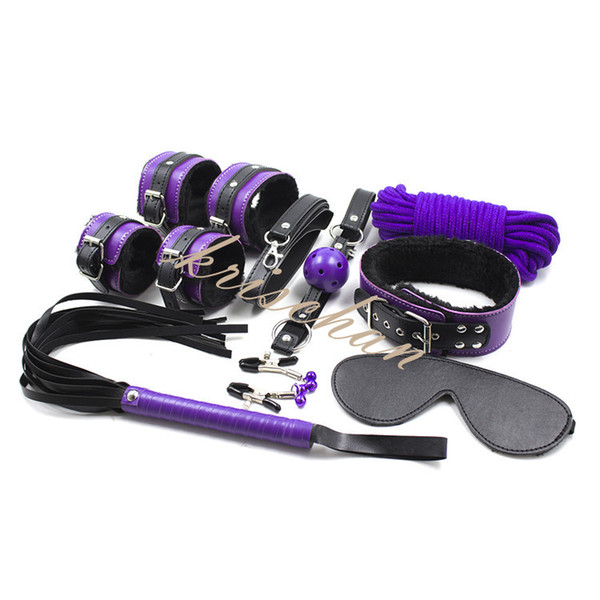 8PCS/Lot Purple Mix Color Pu Leather Bondage Restraints Adult Game Bdsm Sex Set,Nipple Clamps Rope Cuffs Collar Sex Whip Gag