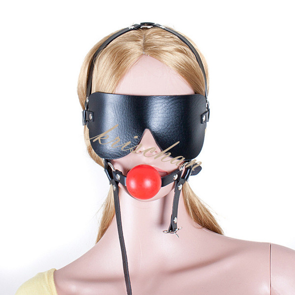 Red and black Leather Head Harness 42mm Gag Blindfold Adjustable Lockable Belt Mouth Open Gag BDSM Slave Training Kit Sex Bondage