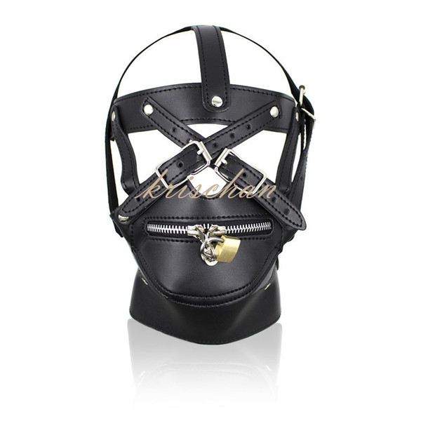 Leather Zipper Mouth Mask Gagged Head Bondage Hood Restraints Sex Products Game Bondage Neck Collar Mask Sex Toy For Male/Female