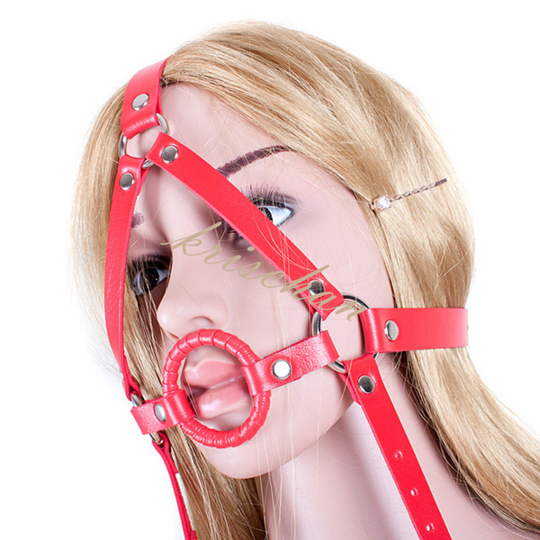 Fetish Sex Products Toys For Women ,BDSM Metal Mouth Plug Gag Head Mask PVC Leather Bondage Belt Slave In Adult Games