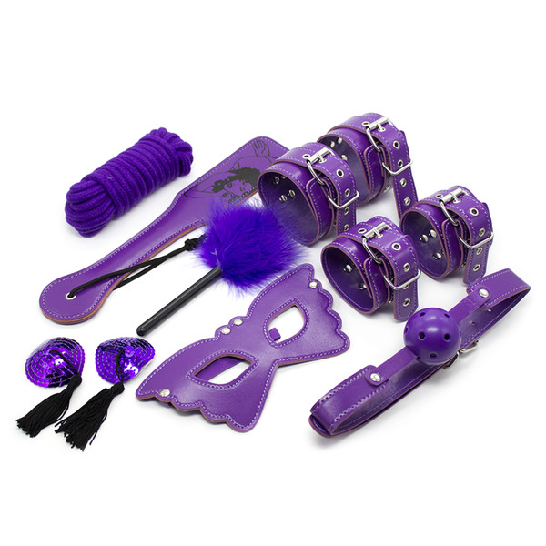 One set purple PU leather sexy bandage restraint set eye mask wrist ankle cuffs nipple clamps flirting paddle couples games toy