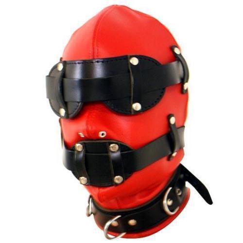 Adult products Red Leather Bondage Hood Total Enclosure Mask with Snap on Blindflold Gag Fetish sex toys