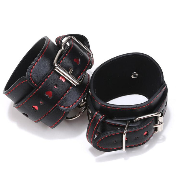 Adult products Red Love Heart Craved Black Faux Leather Wrist Cuffs Bondage Restraints Adjustable Length sex toys