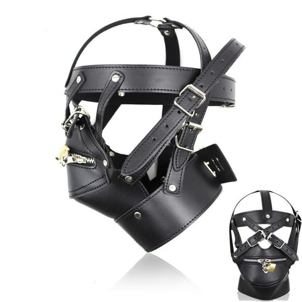 Kinky Fetish PU Leather Zip Mouth Mask with Posture Collar Bondage Slave Head Restraint Dungeon Gear Submission Training