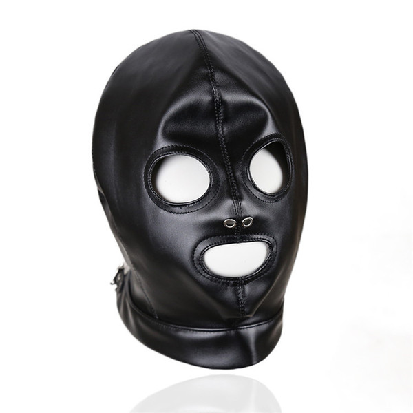 New Listing Adult Products Sex Bondage Black Shiny PU Leather Headgear Dew Mouth Eyes Naris Mask Bound Headgear