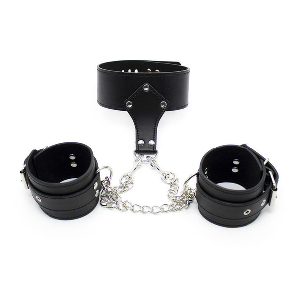 PU Leather Neck Collar Chained with Wrist Cuffs Neck to Hand Restraint Set, Kinky Bondage Fetish Dungeon Gear Sex Products