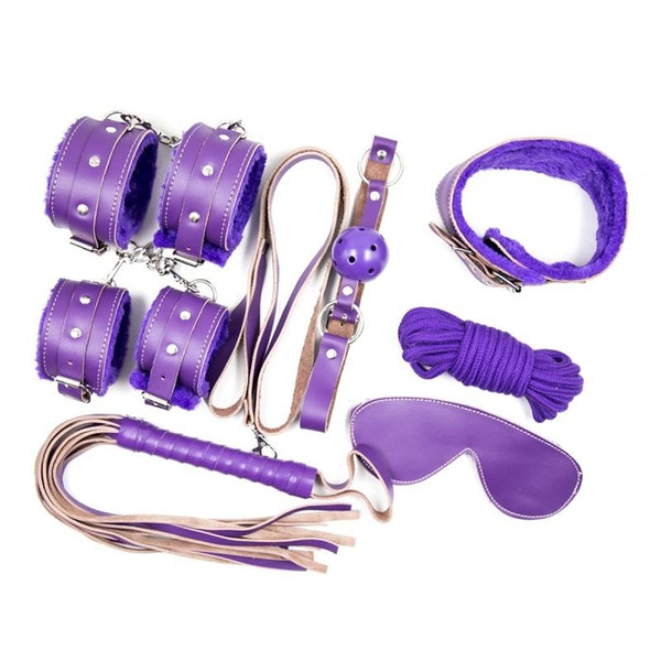 Quality Genuine Leather Furry 7 pcs Sex Bondage Set Kit Collar Whip Wrist Ankle Cuffs Blindfold Rope Gags Adult Fetish Products