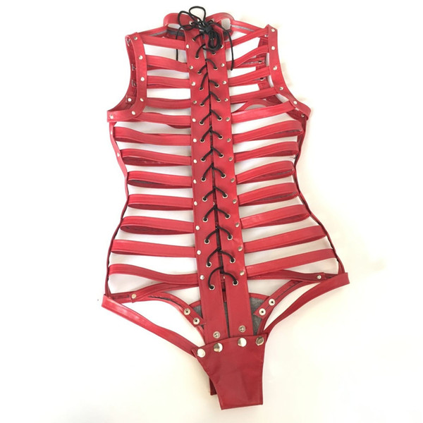 Hot Sex Bondage Red Hollow Out Restraints Clothing Training Corset With Chastity Belt Bodysuit Fetish Wear Mistress Lingerie