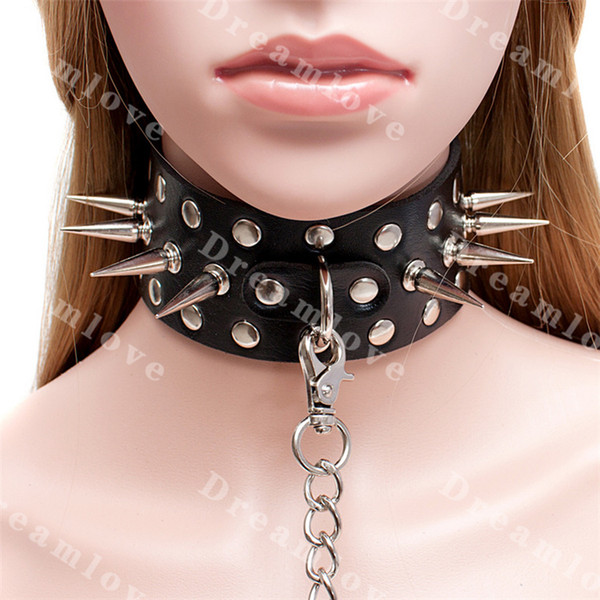 Unisex Bondage Punk Lockable Metal Spiked Leather Slave Collar with Chain Lead Dog Harness Style for Men and Women