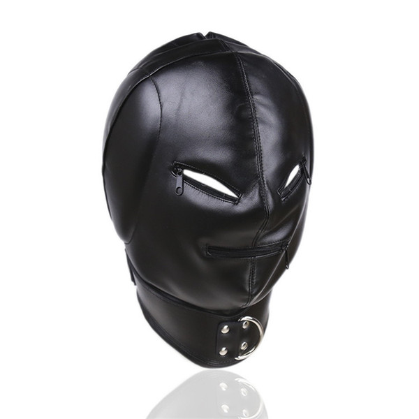 PU Leather Kinky Adult Sex Bondage Discipline Hood with Eyes & Mouth zipper Open Fetish Restraint Gimp Mask With Rope Fasten Rings