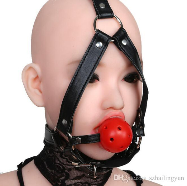Sex Bondage Gear Head Harness Candy Apple Red Ball Gag with Adjustable Faux Leather Strap Restraint