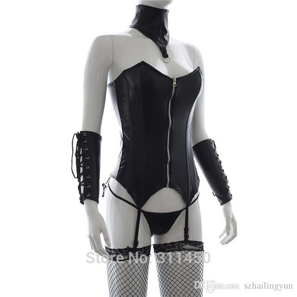 sexy Womens Sex Fetish Wear Set Black Faux Leather Waist Corset Suspender with Neck Collar and Gloves and Thong Gothic Punk