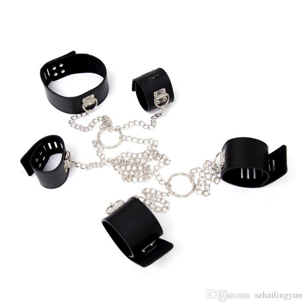Fetish Sex Bondage Pu Leather Wrist to Ankle Restraint + Neck Collar Locking Shackles Slave Trainer Set
