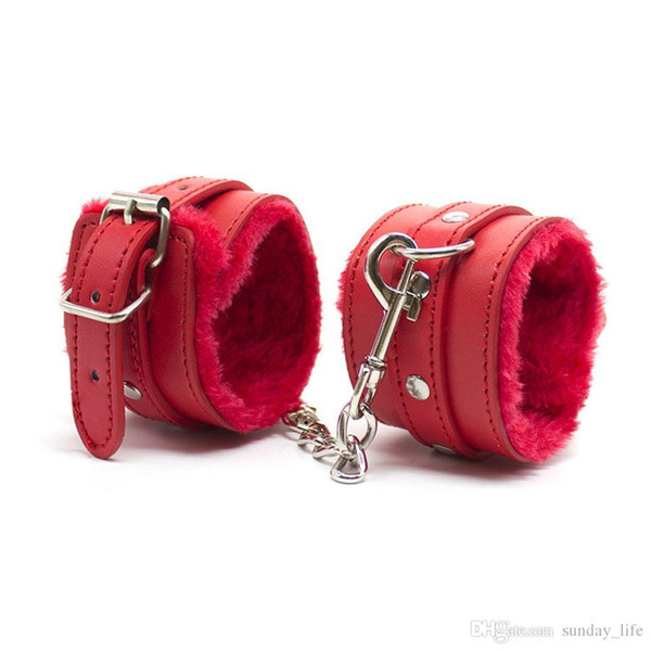 Free Shipping!!Red/ Black /pink PU Leather BDSM SM Bondage Sexy Restraints Fuzzy Furry Hand Wrist Cuffs Soft Plush Handcuffs Sex Toys