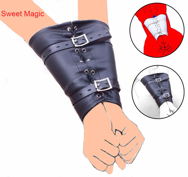 SM Erotic BDSM PU Leather Back Wrists Arm Binder Hand Cuff Bondage Restraint Hand Cuffs Arm Binder Strap Costume Adult Sex Toys