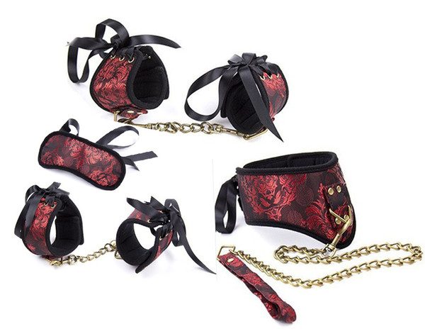 Soft Padded Bondage Kit,Black PU Leather Hands Cuffs & Ankle Cuffs & Neck Collar Set ,BDSM Bondage Retraint Toys For Couple