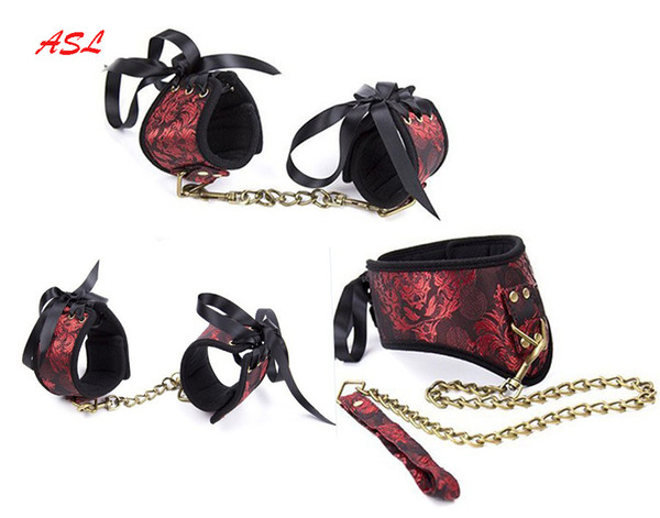 Sweet Magic 4PCS Set Hand Cuffs Ankle Cuffs Blindfold Vintage Luxury Silky China Style Collar NeckAnd Leash BDSM Slave Bondage Restraint Set