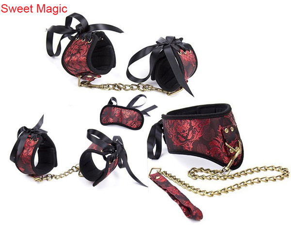 SM Torture Device 4PCS BDSM Slave Bondage Restraint Handcuffs & Ankle Cuffs&Neck Collar and Blindfold Set Adult Sex Toys For Couple