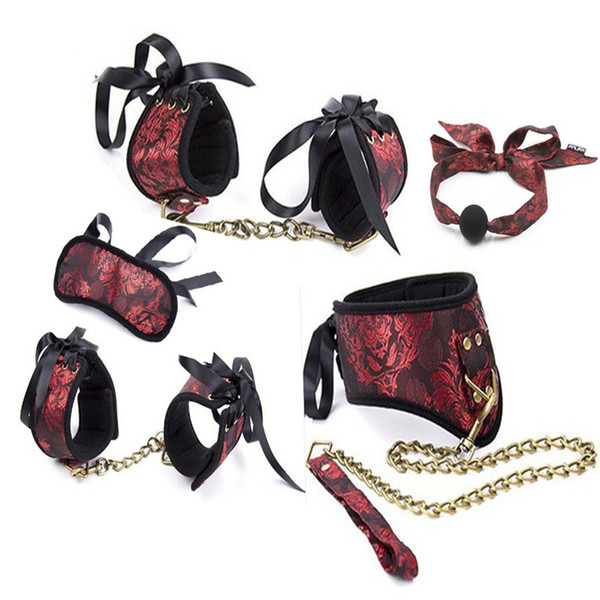 Sweet Magic 5PCS SM Erotic Kit,Fetish Sex Slave Mouth Gag Collar And Leash Hand Cuffs Ankle Cuffs Blindfold,BDSM Bondage Cosplay Accessories